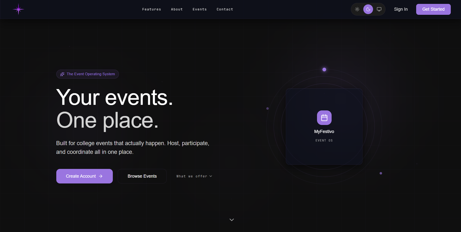 MyFestivo landing page with the headline Your events. One place.